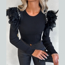 Fashion Bead Artificial Feather Round Neck Long Sleeve Ribbed Shirt