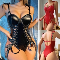 Sexy Lace-up V-neck Backless Artificial Leather PU Lingerie Bodysuit