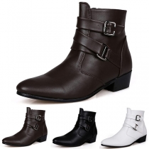 Vintage Solid Color Buckle Artificial Leather PU Ankle Boots for Men