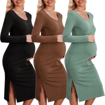 Fashion Solid Color Round Neck Long Sleeve Slit Maternity Dress