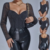 Fashion Bling-bling V-neck Long Sleeve Slim Fit Bodysuit
