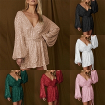 Sexy Sequined V-neck Lantern Long Sleeve Self-tie Mini Dress