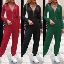 Fashion Solid Color Half-zipper Hooded Jumpsuit