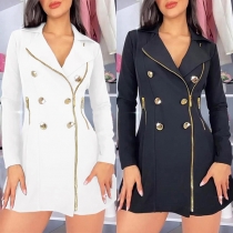 Elegant Double-breasted Lapel Zipper Suit Dress