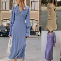 Elegant Solid Color Ruched Buttoned V-neck Long Sleeve Midi Dress