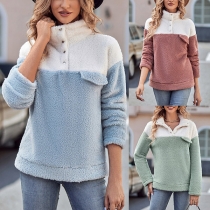 Fashion Contrast Color Buttoned Stand Collar Long Sleeve Plush Shirt