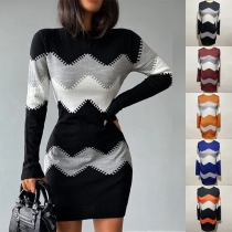 Fashion Contrast Color Wave Printed Round Neck Long Sleeve Bodycon Dress