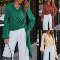 Fashion Solid Color Stand Collar V-neck Long Sleeve Side Knotted Strap Shirt