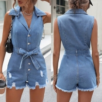 Fashion Old-washed Stand Collar Buttoned Self-tie Frayed Denim Romper