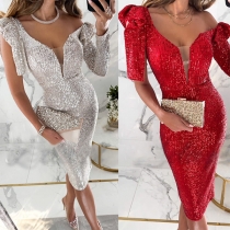 Fashion Bling-bling Sequined V-Neck Ruffled Sleeveless Bodycon Dress