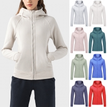 Fashion Sporty Solid Color Long Sleeve Stand Collar Hooded Warm Sweatshirt Jacket