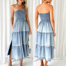 Sexy Smocked Strapless Old-washed Tiered Slit Denim Dress