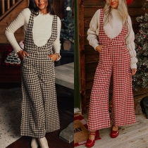 Vintage Plaid Wide-leg Suspender Pants
