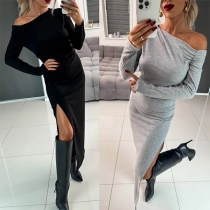 Sexy Solid Color One-shoulder Long Sleeve Slit Bodycon Dress