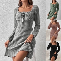 Fashion Solid Color Square Neck Vertical Stripe Long Sleeve Mini Dress