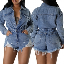 Fashion Old-washed Stand Collar Long Sleeve Frayed Denim Romper