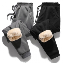 Casual Warm Plush Lined Drawstring Sweatpants for Men