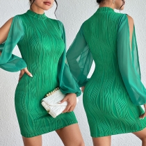 Fashion Mock Neck Slit Long Sleeve Green Bodycon Dress