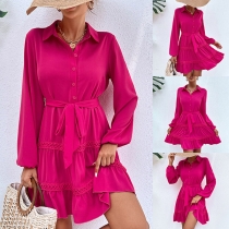 Fashion Solid Color Stand Collar Long Sleeve Buttoned Self-tie Tiered Dress