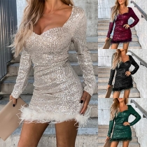 Fashion Sequined V-neck Long Sleeve Plush Spliced Hemline Bodycon Dress