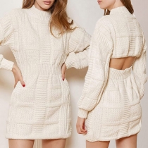Fashion Solid Color Cable Pattern Mock Neck Long Sleeve Back Cutout Sweater Dress