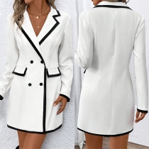 Elegant Contrast Color Notch Lapel Long Sleeve Suit Dress