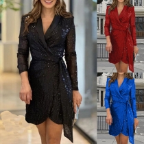 Fashion Bling-bling Sequined Lapel V-Neck Long Sleeve Self-tie Wrap Dress