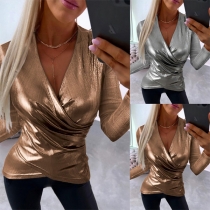 Fashion Bright Color V-neck Long Sleeve Shirt