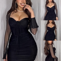 Sexy Sweetheart Neckline Semi-through Long Sleeve Ruched Bodycon Dress