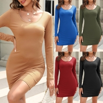 Casual Solid Color Round Neck Long Sleeve Bodycon Dress
