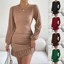 Fashion Solid Color Round Neck Long Sleeve Ruffled Hemline Mini Dress