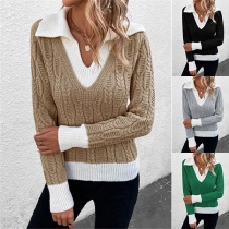 Fashion Contrast Color Stand Collar V-Neck Long Sleeve Sweater