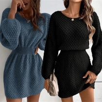 Fashion Solid Color Round Neck Long Sleeve Cinch Waist Sweater Dress