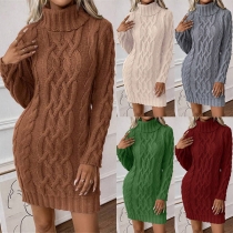 Fashion Solid Color Turtleneck Long Sleeve Cable Knitted Sweater Dress