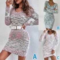 Fashion Gradient Color Round Neck Long Sleeve Knitted Sweater Dress