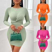 Fashion Solid Color Ruched Round Neck Long Sleeve Bodycon Dress