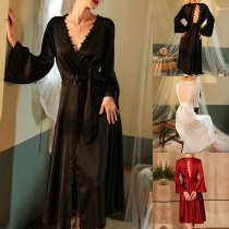 Comfy Solid Color Lace Spliced Backless Self-tie Pajamas Robe