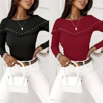 Fashion Ruffled Bead Round Neck Long Sleeve Ribbed Shirt