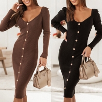 Fashion Solid Color Buttoned V-neck Long Sleeve Ribbed Bodycon Dress