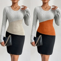Fashion Contrast Color Round Neck Long Sleeve Ribbed Dress