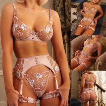 Sexy Floral Embroidered Three-piece Lingerie Set