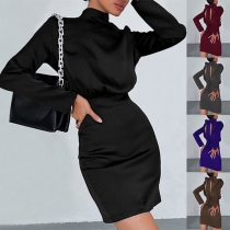 Fashion Solid Color Halter Neck Long Sleeve Bodycon Dress