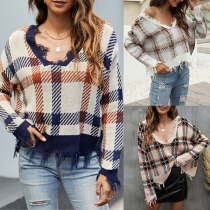 Fashion Frayed Checkered V-neck Long Sleeve Crop Sweater