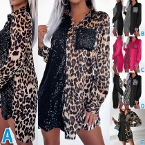 Fashion Sequined Leopard Printed Stand Collar Long Sleeve Shirt Dress