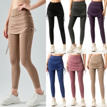 Fashion Solid Color Side-drawstring Fake Two-piece Yoga Pants/Leggings