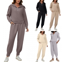 Casual Solid Color Two-piece Set Consist of Half-zipper Shirt and Sweatpants