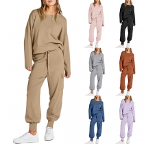 Casual Solid Color Two-piece Set Consist of Round Neck Shirt and Drawstring Pants