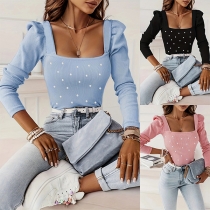 Fashion Beaded Square Neck Puff Long Sleeve Ribbed Shirt