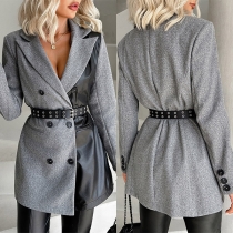 Elegant Notch Lapel Long Sleeve Double Breasted Artificial Leather Spliced Duffle Blazer with Belt