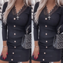 Elegant Buttoned Lace Spliced V-neck Long Sleeve Ribbed Bodycon Dress